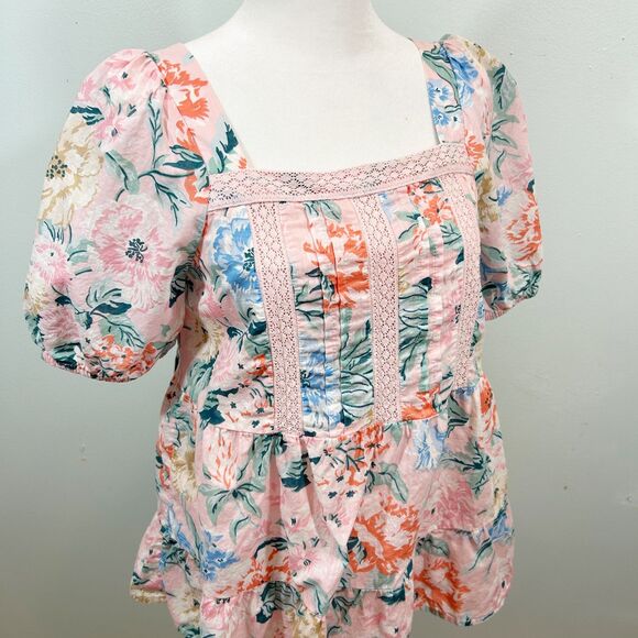 Loft 100% Cotton Pink Floral Peplum Lace Puff Sleeve Top Size XS Cottagecore - Picture 4 of 13